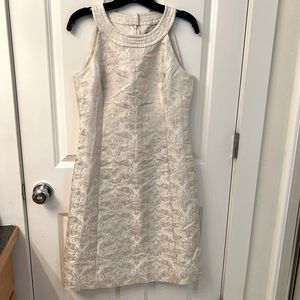 Ann Taylor Brocade Jewel Neckline Sheath in Champagne, Size 6